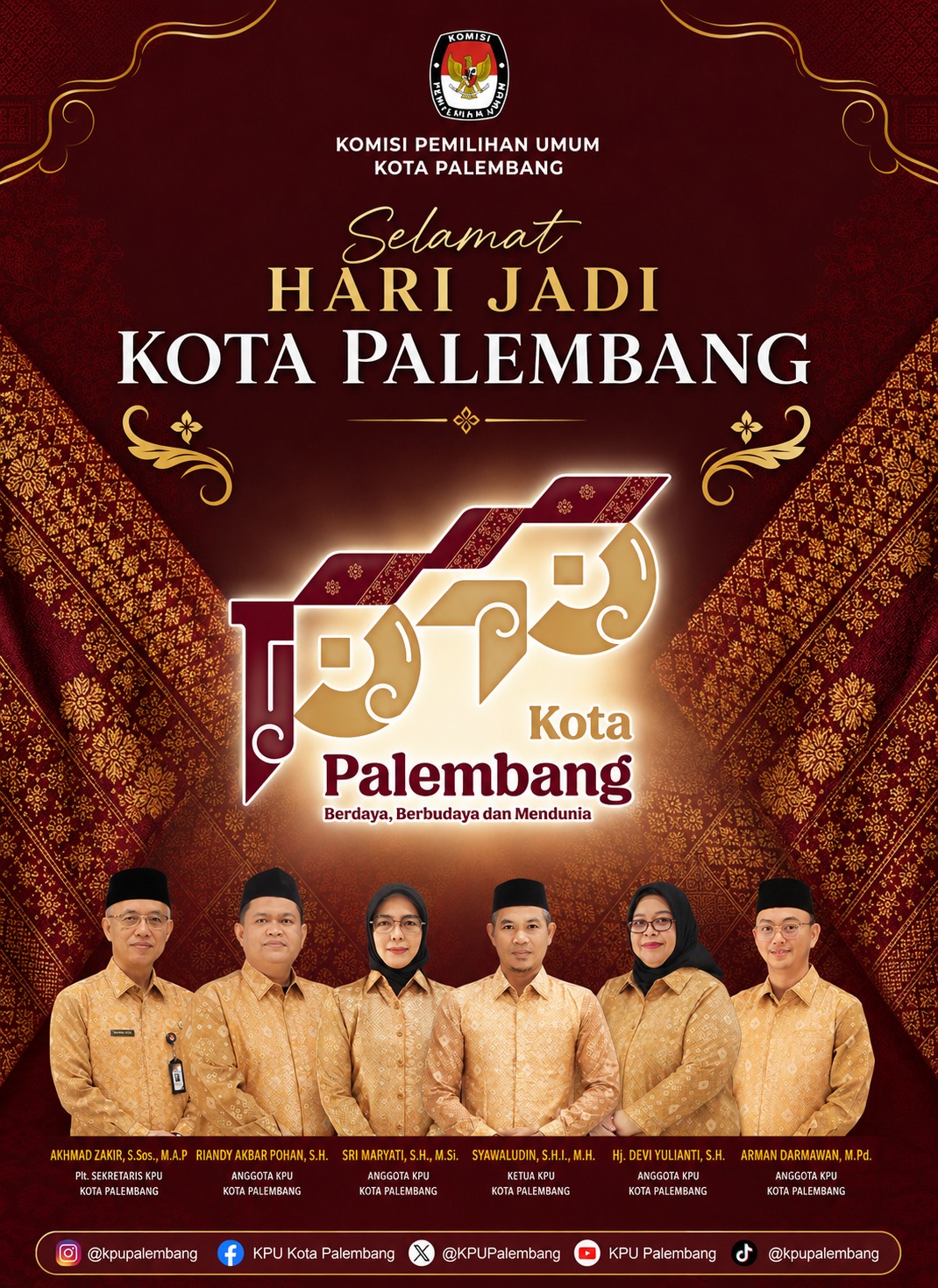 KPU Kota Palembang mengucapkan selamat Hari Jadi Kota Palembang ke-1343, 17 Juni 2026.