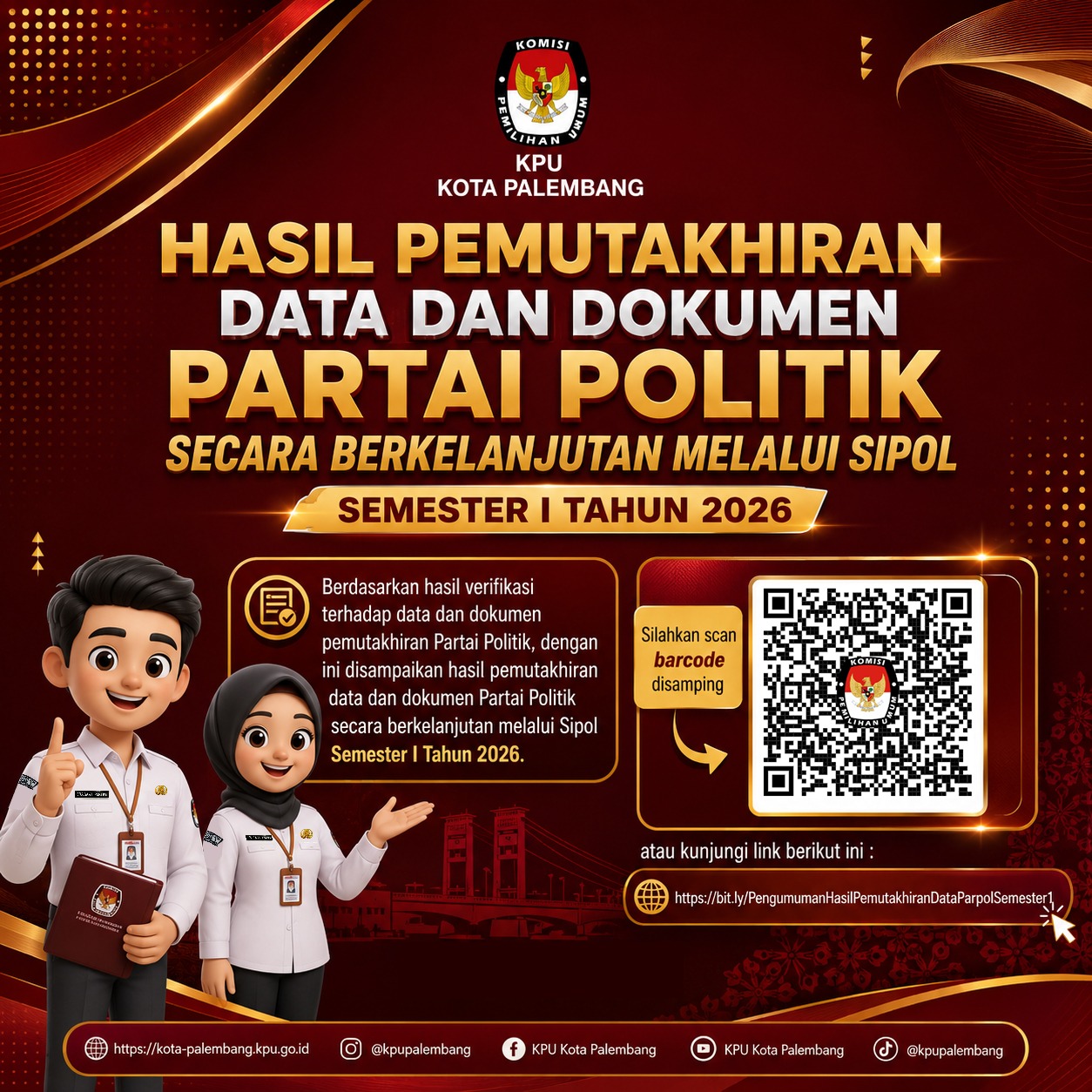 KPU Kota Palembang mengumumkan hasil pemutakhiran data dan dokumen Semester I Tahun 2026